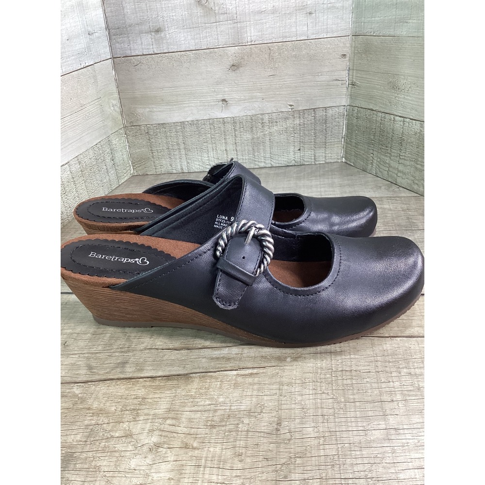 Baretraps Luna Black Wedge Mules Mary Jane Buckle Clogs BTF23-11122 Womens 9.5M